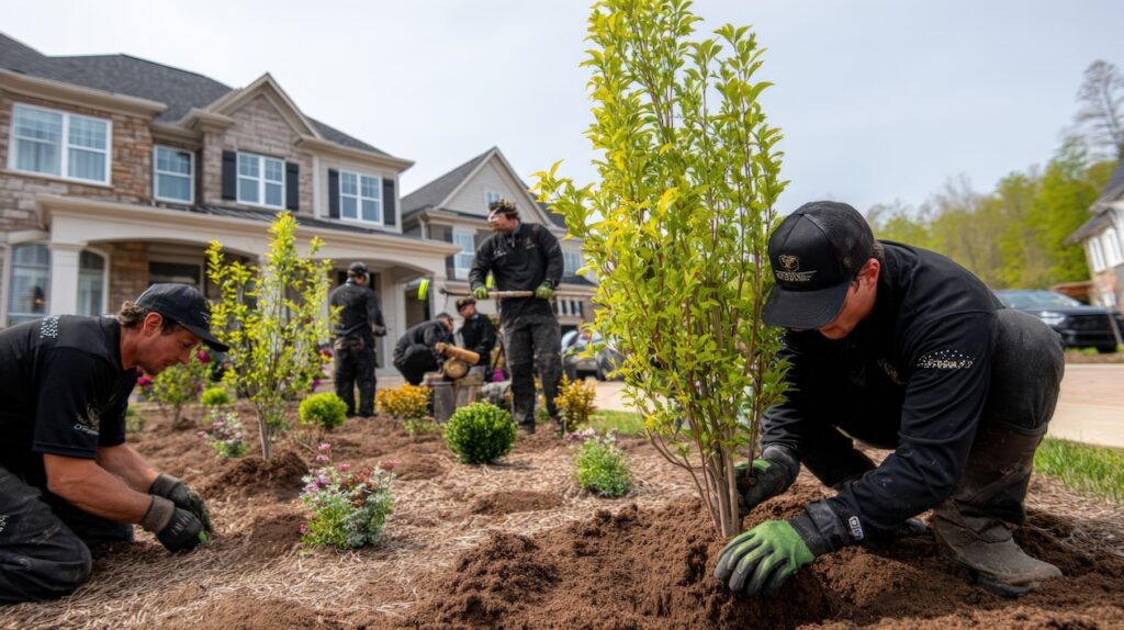 Spring landscape maintenance with a crew performing seasonal cleanup and plant care in a residential garden.