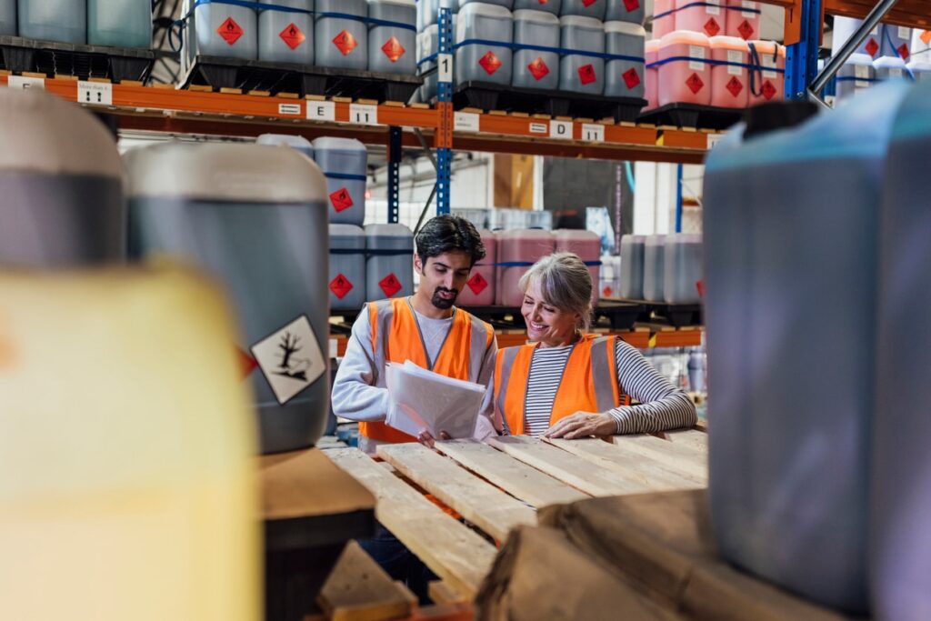 Workers in chemical warehouse looking at paperwork.