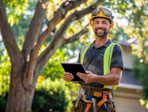 Arborist holding a tablet for mobile payments.