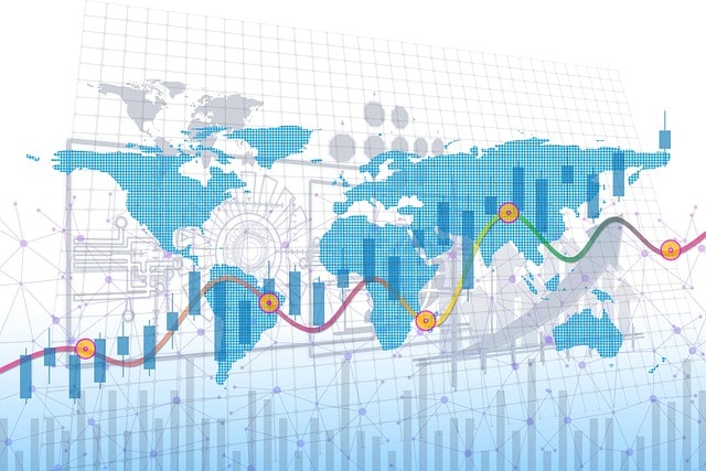 Cartoon image of the world with a chart overlay