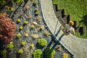 View above a landscaper laying sod