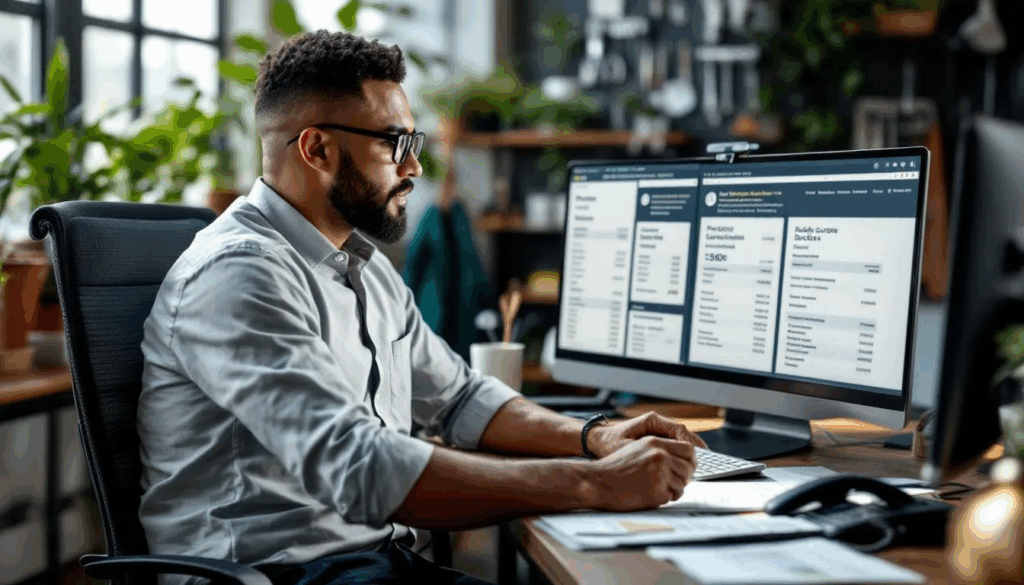 A professional landscaping business owner is intently reviewing financial data on a computer screen, highlighting the challenges of manual data entry and the limitations of using spreadsheets as the business grows. The image emphasizes the need for a cloud-based planning solution to improve collaboration and streamline operations as the company expands.