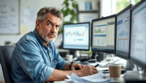 A frustrated landscaping business owner is seated in front of multiple computer screens displaying complex spreadsheets, highlighting the challenges of manual data entry and the limitations of outdated systems as their business expands. This scene reflects the struggles of managing financial data and performance tracking, emphasizing the need for a cloud-based planning solution to improve collaboration and reduce errors.