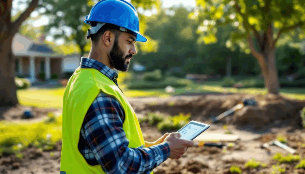 A landscaping crew member is using a tablet at a work site to access job information, illustrating the shift from manual data entry and spreadsheets to a cloud-based planning solution that offers real-time insights and improves collaboration among teams. This modern approach helps businesses manage their operations more efficiently as they grow and expand.