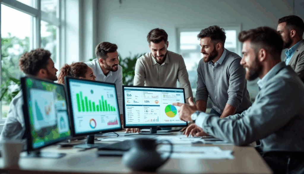 A diverse team from a landscaping business is gathered around a conference table, engaged in a meeting while analyzing organized reports displayed on multiple screens. The atmosphere reflects a focus on improving collaboration and real-time insights, highlighting the need for advanced tools as the business expands beyond manual data entry and spreadsheets.