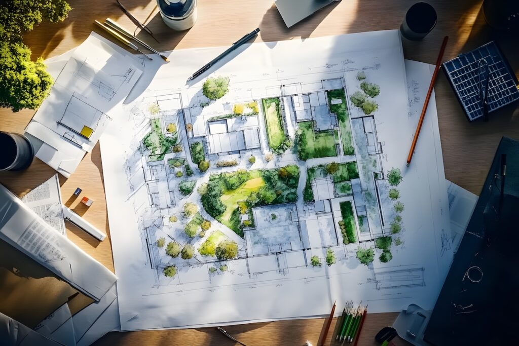 Business professional reviewing landscape blueprints at a desk with plants, representing planning, estimating accuracy, and project management in a landscaping business.