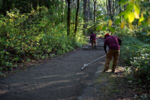 Landscaping crews working across a large job site with multiple teams and equipment