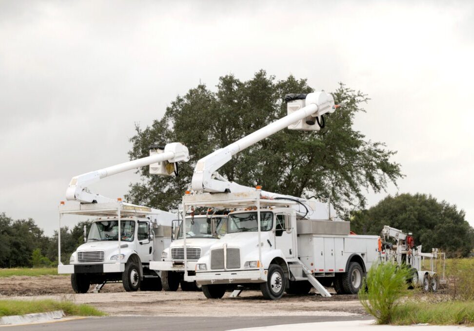 Three parked bucket trucks