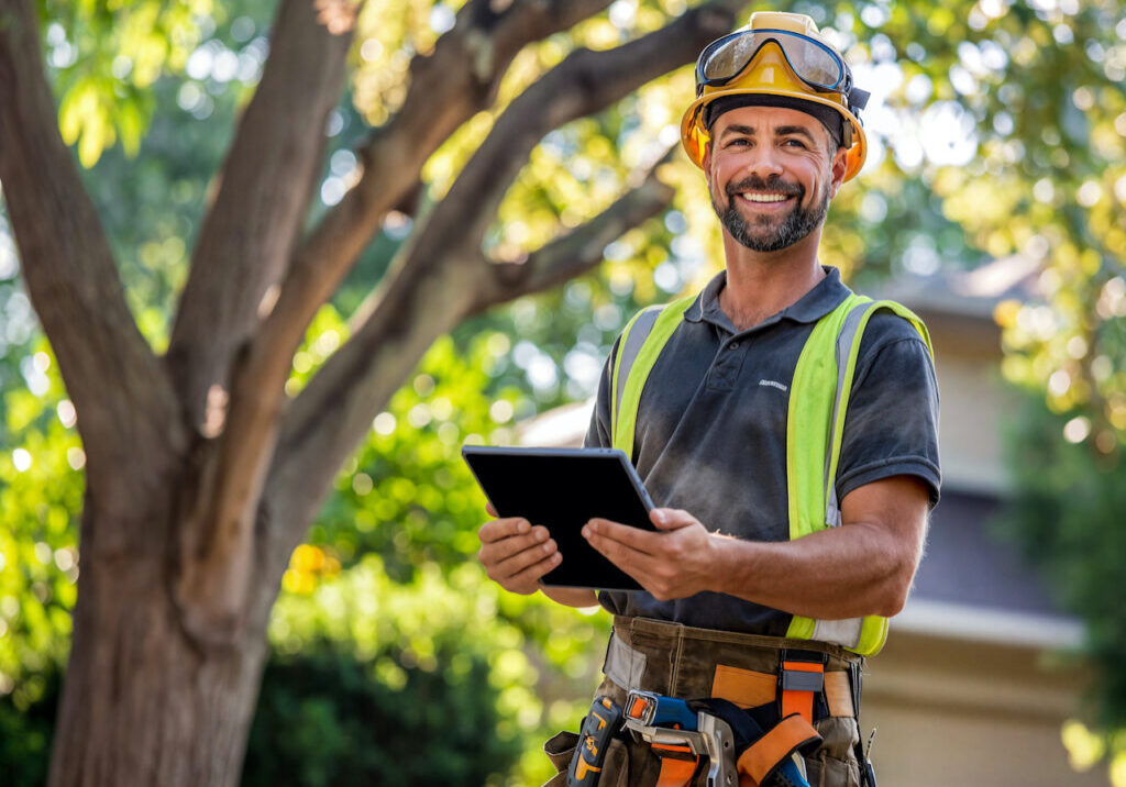 Arborist holding a tablet for mobile payments.