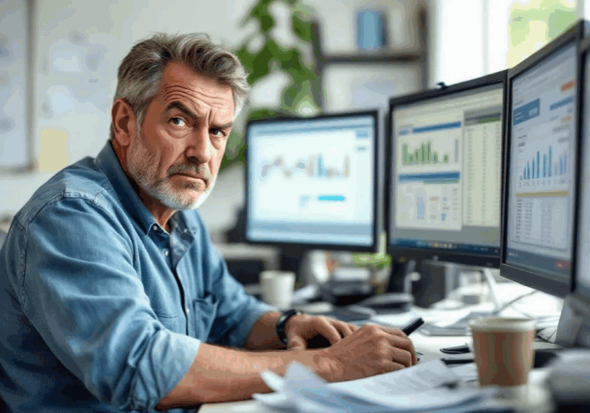 A frustrated landscaping business owner is seated in front of multiple computer screens displaying complex spreadsheets, highlighting the challenges of manual data entry and the limitations of outdated systems as their business expands. This scene reflects the struggles of managing financial data and performance tracking, emphasizing the need for a cloud-based planning solution to improve collaboration and reduce errors.
