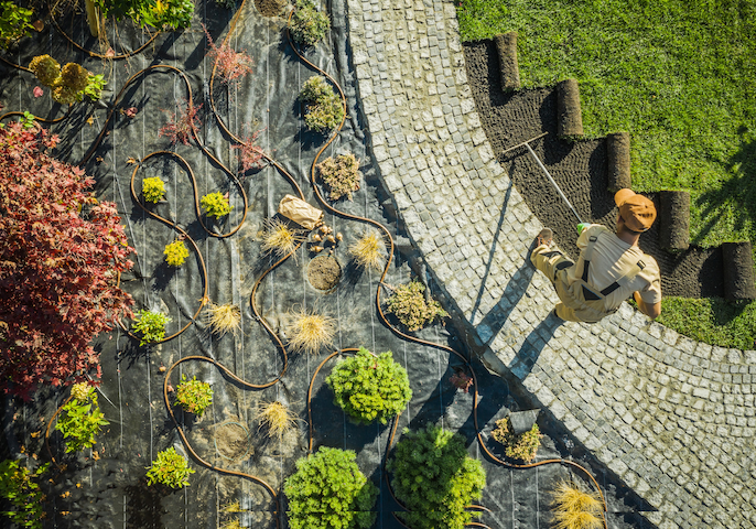 View above a landscaper laying sod