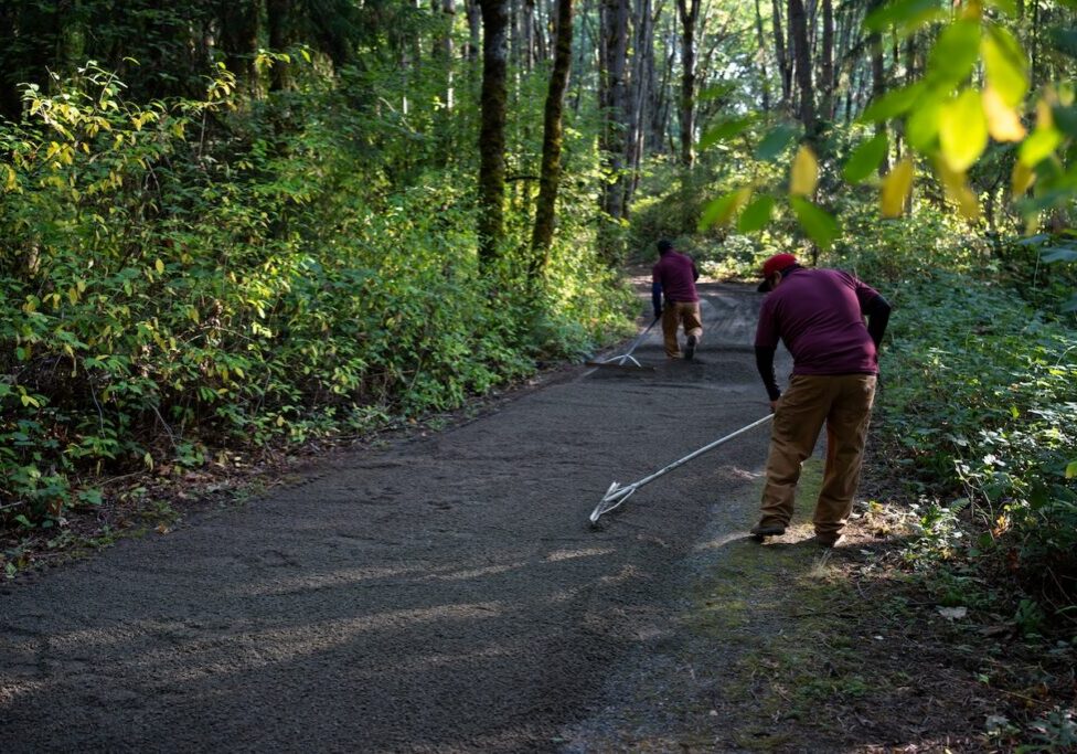 Landscaping crews working across a large job site with multiple teams and equipment