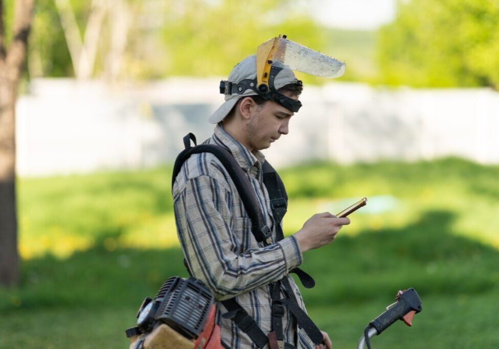 Tree care worker looking at mobile device